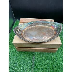 Vintage Ornate Silver Plate Oval Bread Basket Pierced Gallery Tray